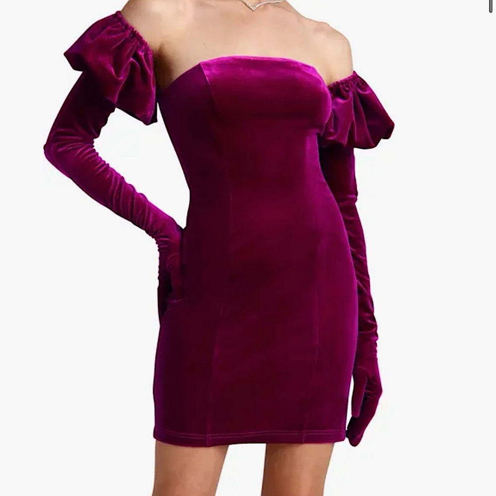 Avec Les Filles Velvet Off-Shoulder Mini Dress in Magenta